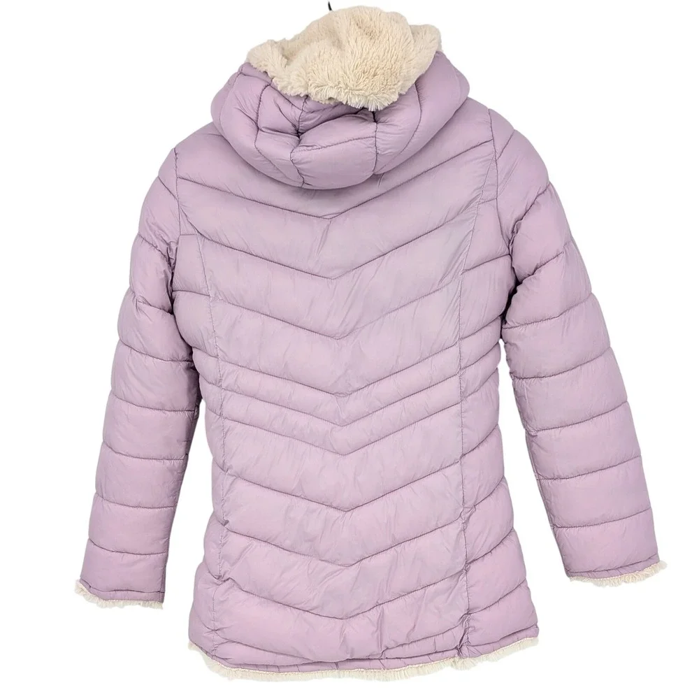 Steven Madden Reversible Puffer Jacket Lavender Faux Fur Hood Cozy Girls 14/16